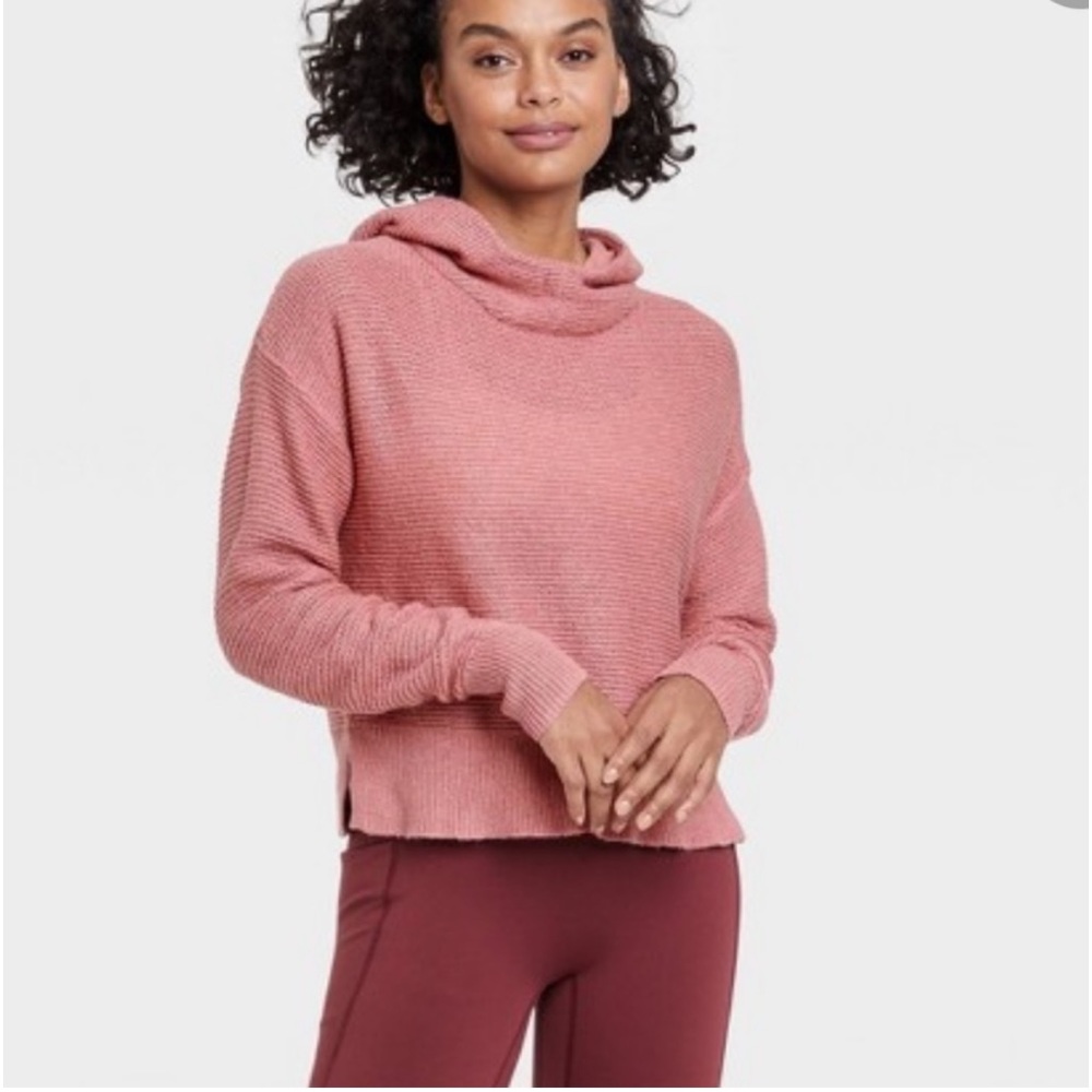 All in Motion Womens Rose Red Open Knit High Cuff Hem Hooded Pullover Sweater M